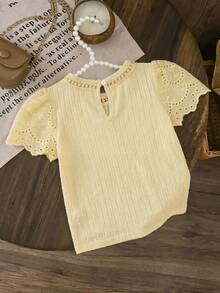 SHEIN LMoss Kids LMoss Young Girl Knitted Solid Color Round Neck Lace Ruffle Trim Fitted T-Shirt - Yellow - View 3