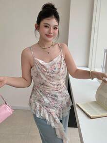 Dazy Plus Floral Contrast Lace Ruffle Hem Contrast Lace Hot Girl Plus Size Women's Camisole Top Summer Graphic Tees Cute Tops Vacation - Pink - View 5