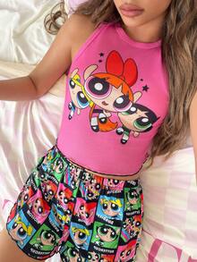 THE POWERPUFF GIRLS X SHEIN Women's Cartoon Print Tank Top & Shorts Pajama Set - Multicolor - View 6