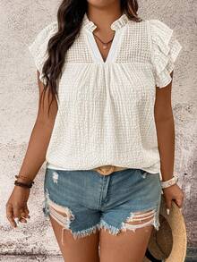 Breezaya Blusa casual holgada con cuello en V, manga de campana y volantes de tela tejida texturizada para mujer de talla grande, versátil para uso diario, fiestas, playa y hogar - Blanco - Ver 5