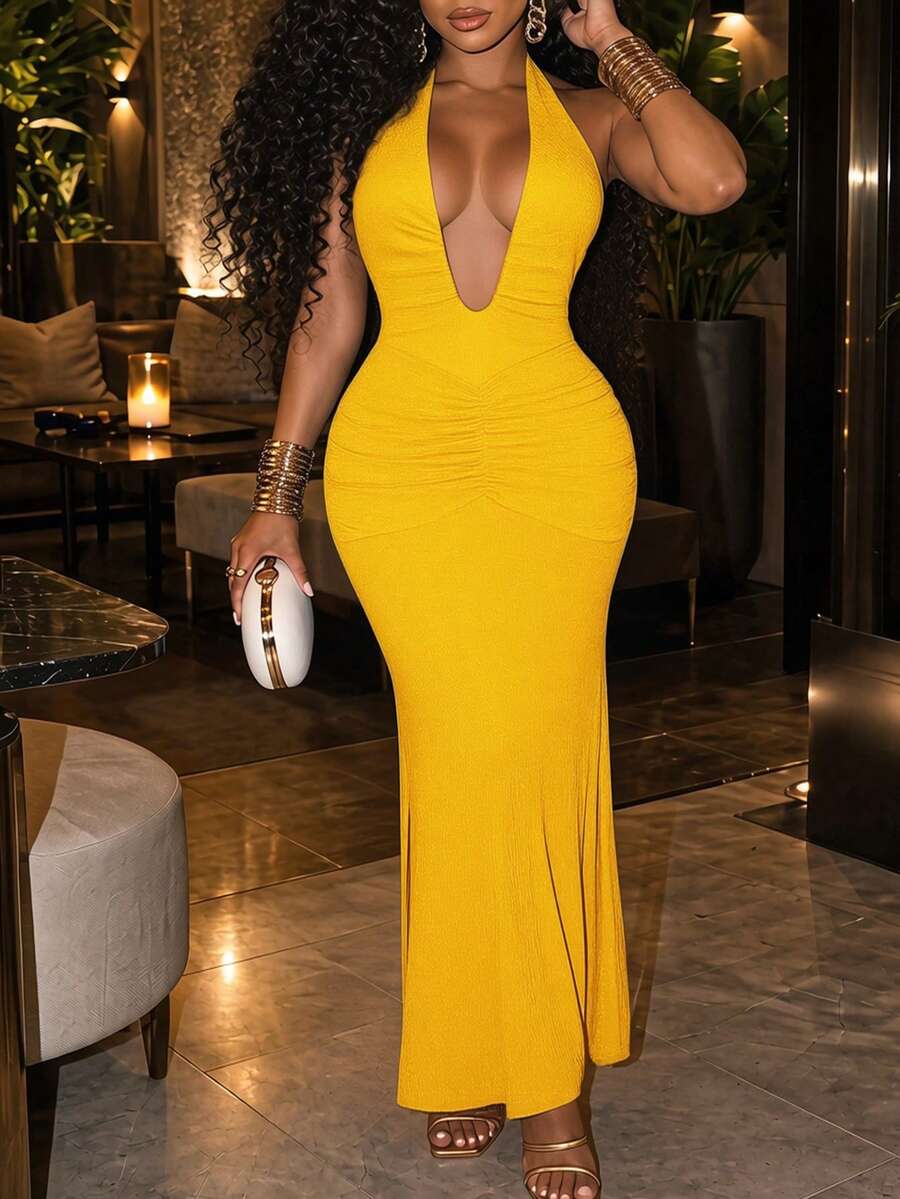 Slaydiva 2025 New Elegant Sexy Deep V-Neck Mermaid Dress, Suitable For Party Night Out, Birthday, Bar, Nightclub, Valentine's Day, Halloween, Christmas Yellow - Yellow - View 1