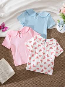 SHEIN Genkimix Kids 少女夏季休閒短袖T恤 - 彩色 - 查看 3