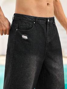 Mercer Haus Men's Washed Dark Indigo Loose Straight Leg Vintage Jeans, Relaxed Fit, Comfortable, Flattering Leg, Distressed, Loose Straight Leg, Cropped, Oversized, Recommend Sizing Down - Black - View 6
