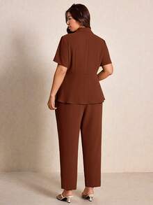Elaquor Conjunto de 2 piezas de chaqueta y pantalones de talla grande, elegante para ir al trabajo, de unicolor con cintura ceñida - Óxido marrón - Ver 2
