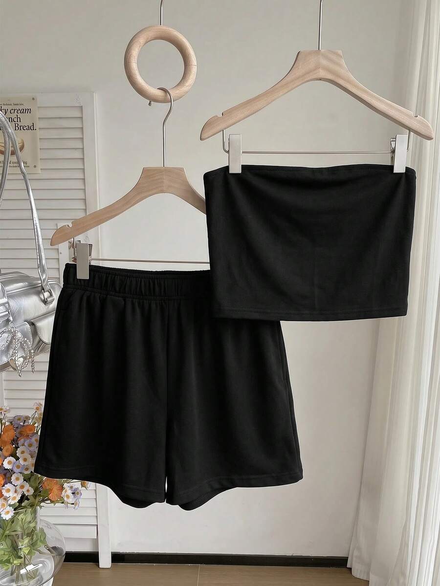 Comfortcana 春夏休閒黑色短版抹胸上衣與短褲大尺碼兩件套 - 黑色 - 查看 1