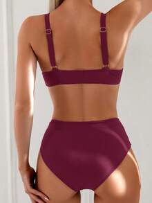 SHEIN Swim 2026 Spring/Summer Women's Burgundy Adjustable Thick Strap Solid Color Gold U-Shape Decor High Cut Bikini Bottom Two Pieces Swimsuit Set - Burgundy - View 3