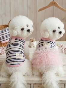 PETSIN 1PC Breathable Sun Protection Pet Puff Dress, Korean INS Striped Couple Outfit For Small Dogs Cats Spring Summer - Navy Blue - View 2