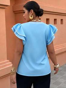 Weeklong Spring/Summer Women's Plus Size Printed Ruffle Loose Top, Casual Elegant Vacation Blouse Formal Evening Blue - Multicolor - View 2