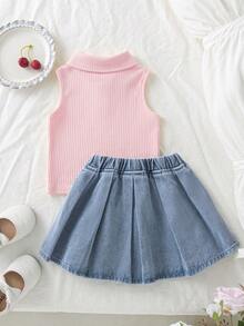 Genkimix Kids 女童櫻桃刺繡無袖 Polo 上衣與牛仔裙 2 件套，夏季新品，可愛休閒甜美風，柔軟親膚螺紋上衣 + 淺藍水洗櫻桃刺繡牛仔裙，彈性高腰 A 字版型，夏季穿搭，度假風，海灘週末 - 粉色 - 查看 4