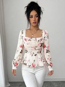 SHEIN Elenzya Best-Selling Rose Floral Print Design With Chiffon Printed Ruffle Collar, Cinched Waist, Small A-Line Hem, Long Sleeve, Exquisite Elegant Casual Daily Women's Blouse For Spring, Summer, Autumn - Multicolor - View 7