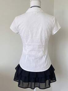 Attitoon 女款春夏透氣修身襯衫，短袖領口鈕扣開襟，百搭上衣 - 白色 - 查看 2