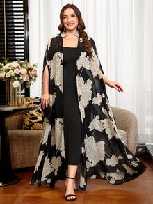 Reflora Plus Size Elegant Party Floral Print Robe 2pcs Set - Black - View 6