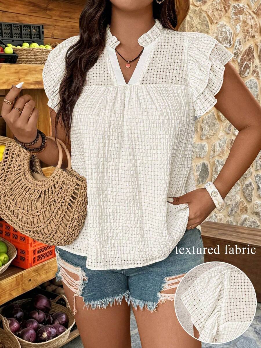 Breezaya Blusa casual holgada con cuello en V, manga de campana y volantes de tela tejida texturizada para mujer de talla grande, versátil para uso diario, fiestas, playa y hogar - Blanco - Ver 1