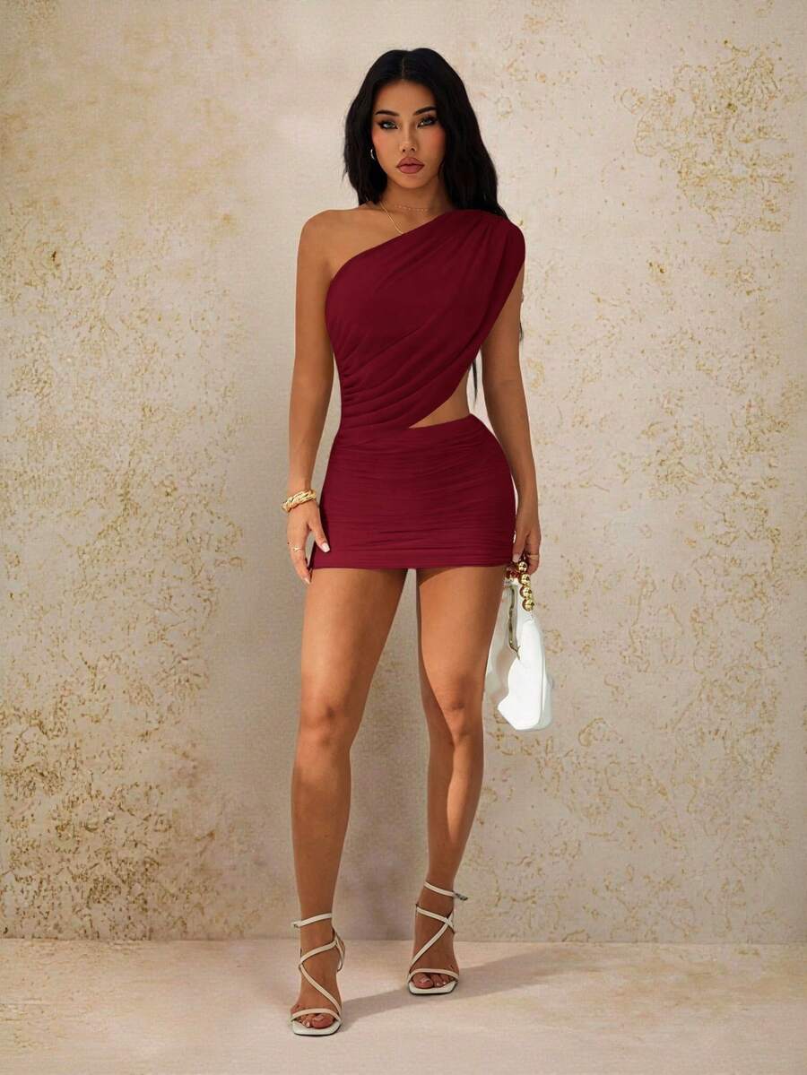 SHEIN PETITE 女款迷你純色不對稱領洋裝,時尚夏季派對洋裝 - 酒紅色 - 查看 1