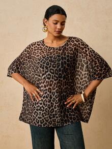 Travachic Plus Size Women's Leopard Print Round Neck Short Sleeve Casual Loose Fit T-Shirt Fall - Multicolor - View 3