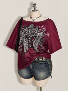 SHEIN ICON Women's Plus Size Cross Gothic Pattern T-Shirt - Burgundy - View 8