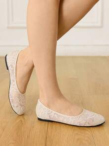 CUCCOO HITCHD Branches And Leaves Embroidered Round Toe Flats, Gentle Mesh Yarn Low Vamp Shoes, Commuting Dating Breathable Women's Shoes - Apricot - View 6