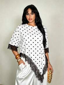 Rustia Plus Size Women's Polka Dot Print Contrast Lace Asymmetric Hem Round Neck T-Shirt - Black and White - View 1