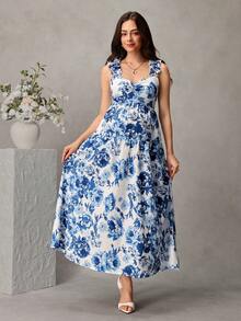 SHEIN Maternity Floral Print A-Line Dress With Wide Strap, Shirred Bust And Frill Trim Business Casual Elegant Outfit Daily Commute - Blue and White - View 5