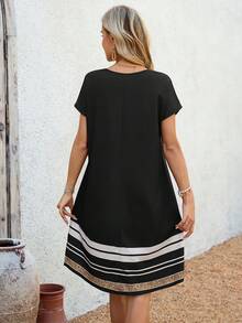 EMERY ROSE Women's Summer Short-Sleeved Dress With Geometric Pattern Print Casual - Black - View 2