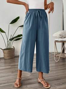Easowa 休閒亞麻九分長褲，青色，返校季節工作裝，女款長褲 - Blue Power - 查看 8