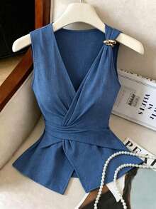 Elenzga Haze Blue V-Neck Shoulder Strap Tie-Knot Back Bow Sleeveless Blouse, Summer Metal Buckle Waist-Cinched Slimming Top For Women - Dusty Blue - View 6