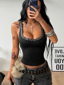 Coolane Women's Party Night Out Club Night Club Night Sexy Disco Streetwear Y2k Punk Going Out Stretchy Rivet Black Tank Tops Summer Outfits For Women Tops - Black - View 6