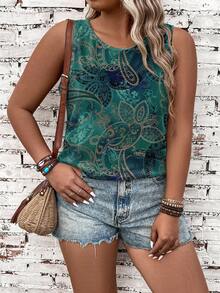 SHEIN VCAY Plus Size Casual Retro Cashew Pattern Print Tank Top Suitable For Summer - Multicolor - View 5