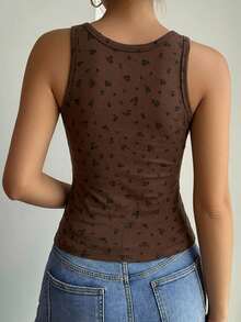 DAZY Tank Top Kasual Musim Panas Motif Bunga Kecil - Coklat - View 6