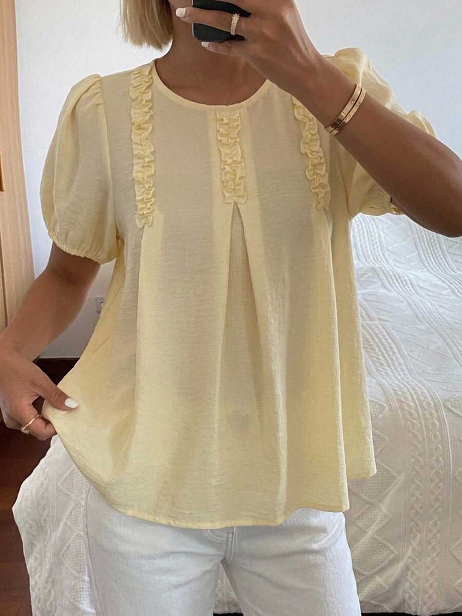 DAZY Solid Color Loose Short Sleeve Round Neck Pleated Casual Vacation Summer Blouse Shirt For Women - Yellow - View 1