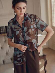 Anewsta Elegante, braune Damenbluse mit Blumenmuster und kurzen Ärmeln – ein modisches Sommerhemd für Brunch, Urlaub, Party, Hochzeit, festliche Anlässe, Büro und Valentinstag. - Braun - Übersicht 4