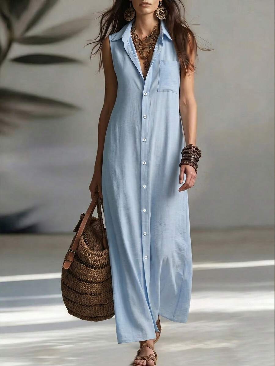 Everyssa Casual Striped Retro Sleeveless Open Front Shirt Dress, Suitable For Leisure And Work, Fashion For Women - Blue - View 1