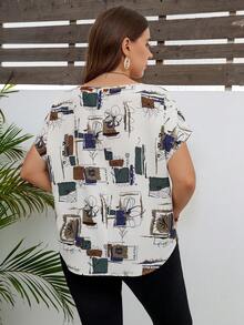 SHEIN LUNE Artistic Simple Sketch Round-Neck Plus Size Pullover Shirt - Multicolor - View 2