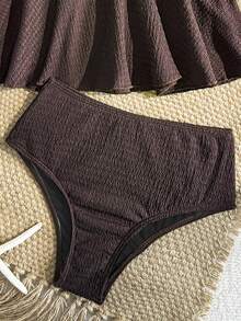 SHEIN Tween Girl Solid Color Metal Decor Halter Neck Tie Tankini And Triangle Bottoms Two-Piece Swimsuit Set Suitable For Summer Vacation Beach - Brown - View 6