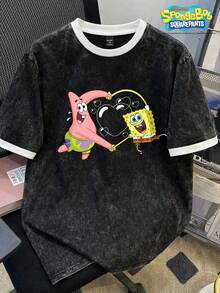 SpongeBob SquarePants | SHEIN Daypath 标准尺码男士水洗黑色T恤，白色袖口设计 - 黑色 - 查看 1