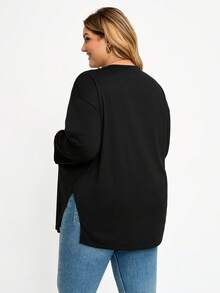 Plussiva Plus Size Maternity Casual Autumn Black Long-Sleeved Loose T-Shirt Versatile Solid Color Side Slit Top Fall Work Breast Feeding Postpartum - Black - View 9