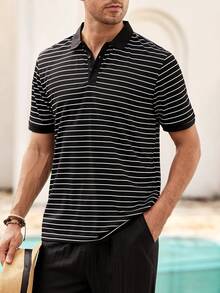 Mercer Haus 1 男士夏季短袖 Polo 衫，黑白条纹，舒适透气，适合日常休闲、商务通勤。 - 黑色 - 查看 6