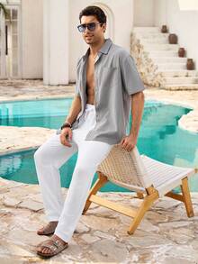 Mercer Haus Hawaiian Style Linen Loose Casual Men's Henley Collar Short Sleeve Shirt - Grey - View 7