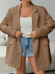 SHEIN Plus Size Women Solid Color Lapel NeckLong Sleeve Casual Loose Blazer - Beige - View 3