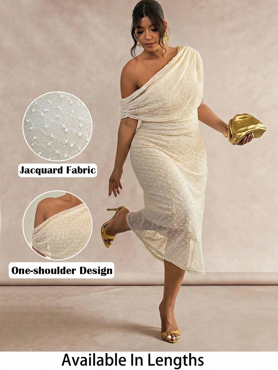 SHEIN PETITE CURVE 春夏新款大码优雅不对称肩短袖荷叶边针织连衣裙,休闲百搭派对连衣裙,单肩连衣裙,奶油色连衣裙,单袖连衣裙,修身连衣裙,大码连衣裙,春夏优雅婚礼派对连衣裙,毕业典礼连衣裙,春夏碎花连衣裙,夏季连衣裙 - 杏色 - 查看 1
