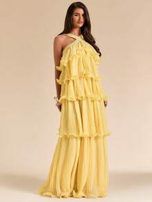 SHEIN BAE Gaun Panjang Lebar Berlapis-lapis Berlipit dengan Leher Halter dan Punggung Terbuka Warna Kuning Polos untuk Musim Semi/Panas, Gaun Elegan - Kuning muda - View 1