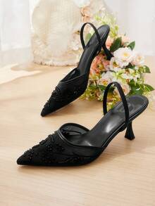CUCCOO HITCHD 女款夏季新款刺繡蕾絲尖頭紅酒杯高跟鞋 優雅浪漫黑色網布高跟鞋 婚禮新娘鞋 - 靜夜黑色 - 查看 2