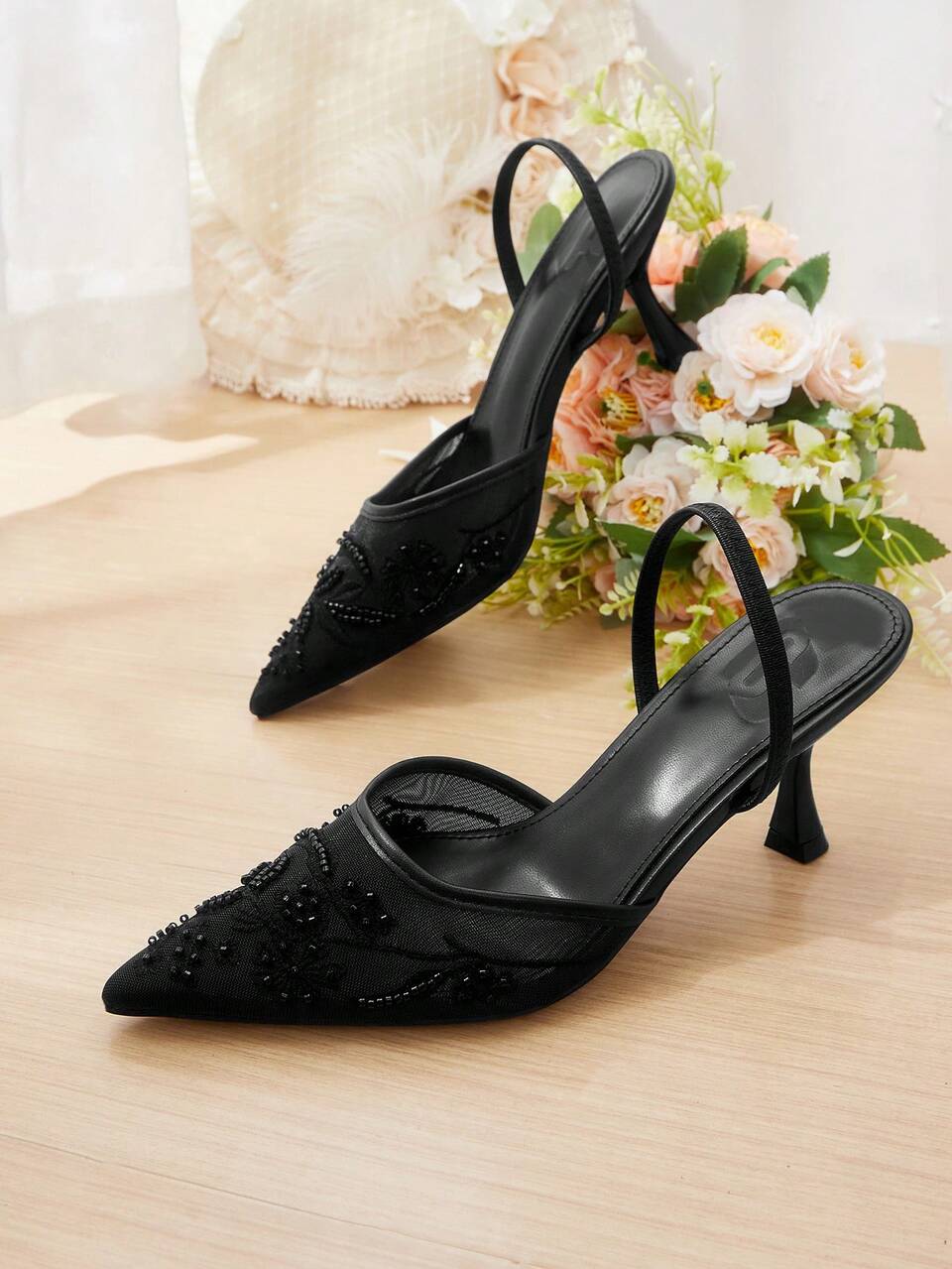 CUCCOO HITCHD Women Shoes Summer New Embroidery Lace Pointed Wine Glass Heel Elegant Romantic Black Mesh High Heel Shoes Elegant Wedding Bridal Shoes