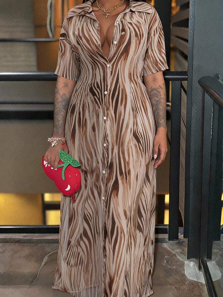 SHEIN SXY Plus-Size Brown Animal Print Button-Down Slit Long Semi-Sheer Short-Sleeved Shirt/Blouse