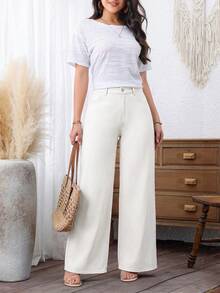 EMERY ROSE Plus Size Women's Loose Casual Denim Wide Leg Pants With Pockets - White - View 3