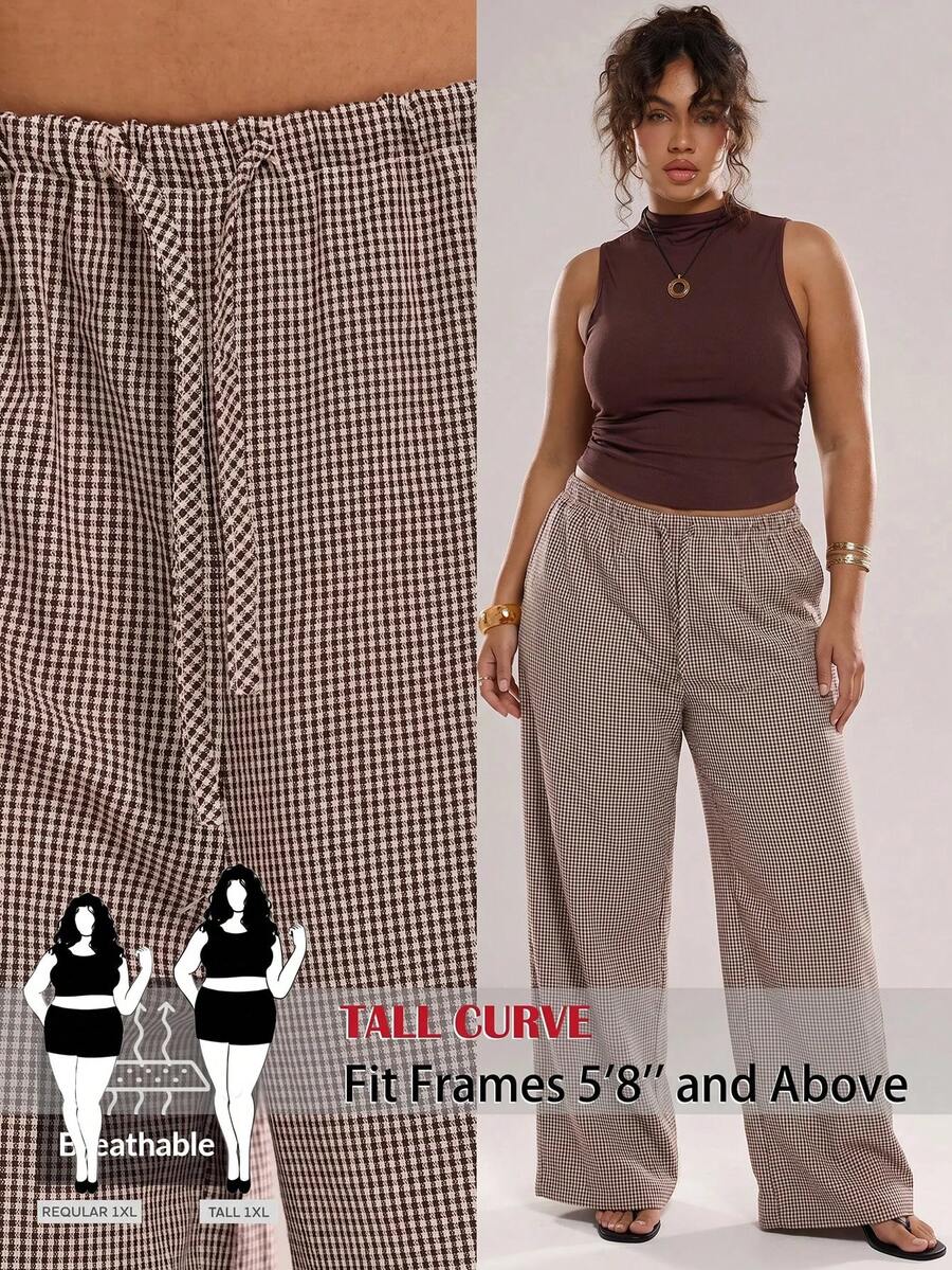 SHEIN Tall CURVE Lässige Pendler-Hose in Große Größen mit Karomuster und weitem Bein - Braun - Übersicht 1