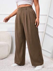 SHEIN PETITE CURVE 大码纯色褶裥腰带宽松西装裤 - 棕色 - 查看 7