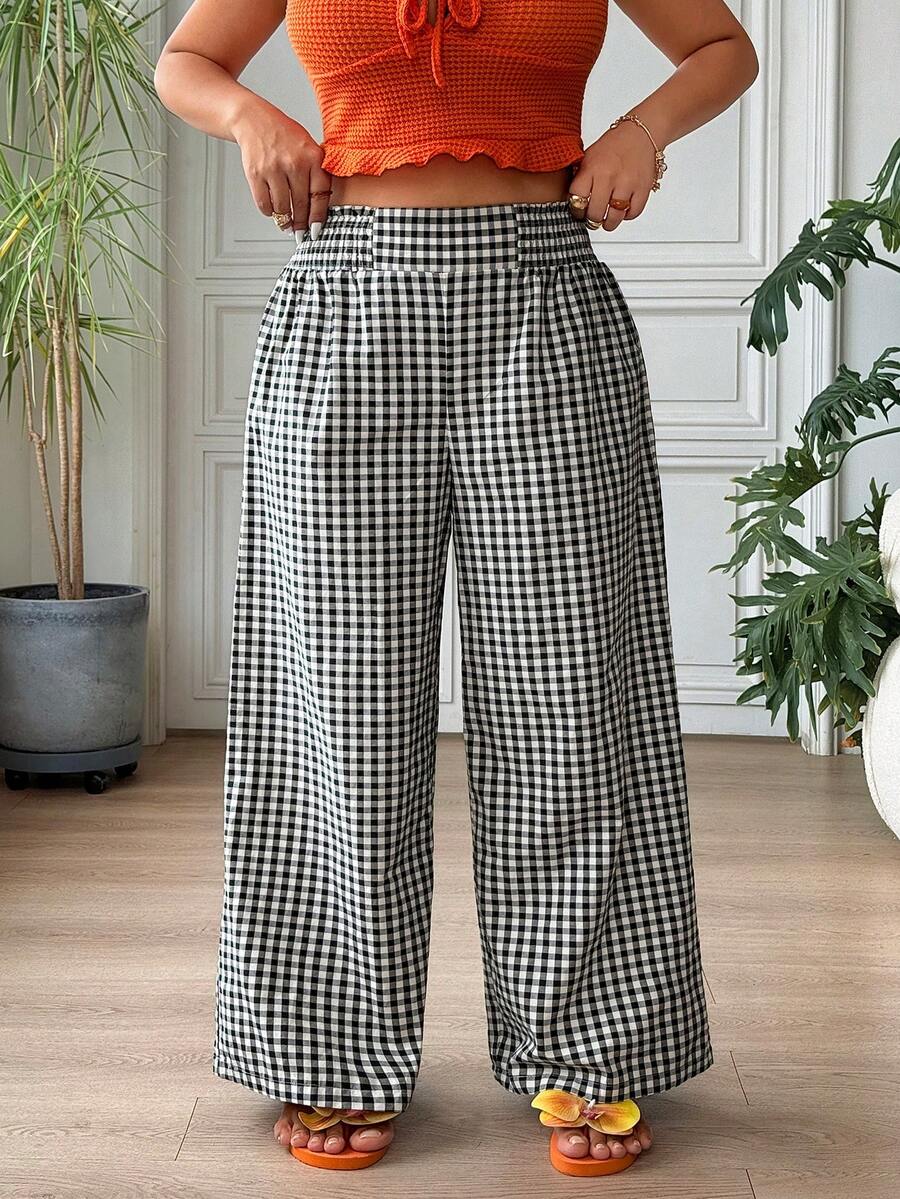 SHEIN EZwear 大码女式休闲度假通勤格子印花高腰宽松阔腿裤 - 黑與白 - 查看 1