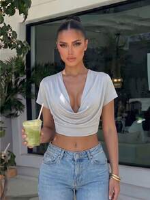 Sirith New Deep V-Neck Crop Top, Sexy Casual Revealing Design Going Out Light Grey Summer - Grey - View 1