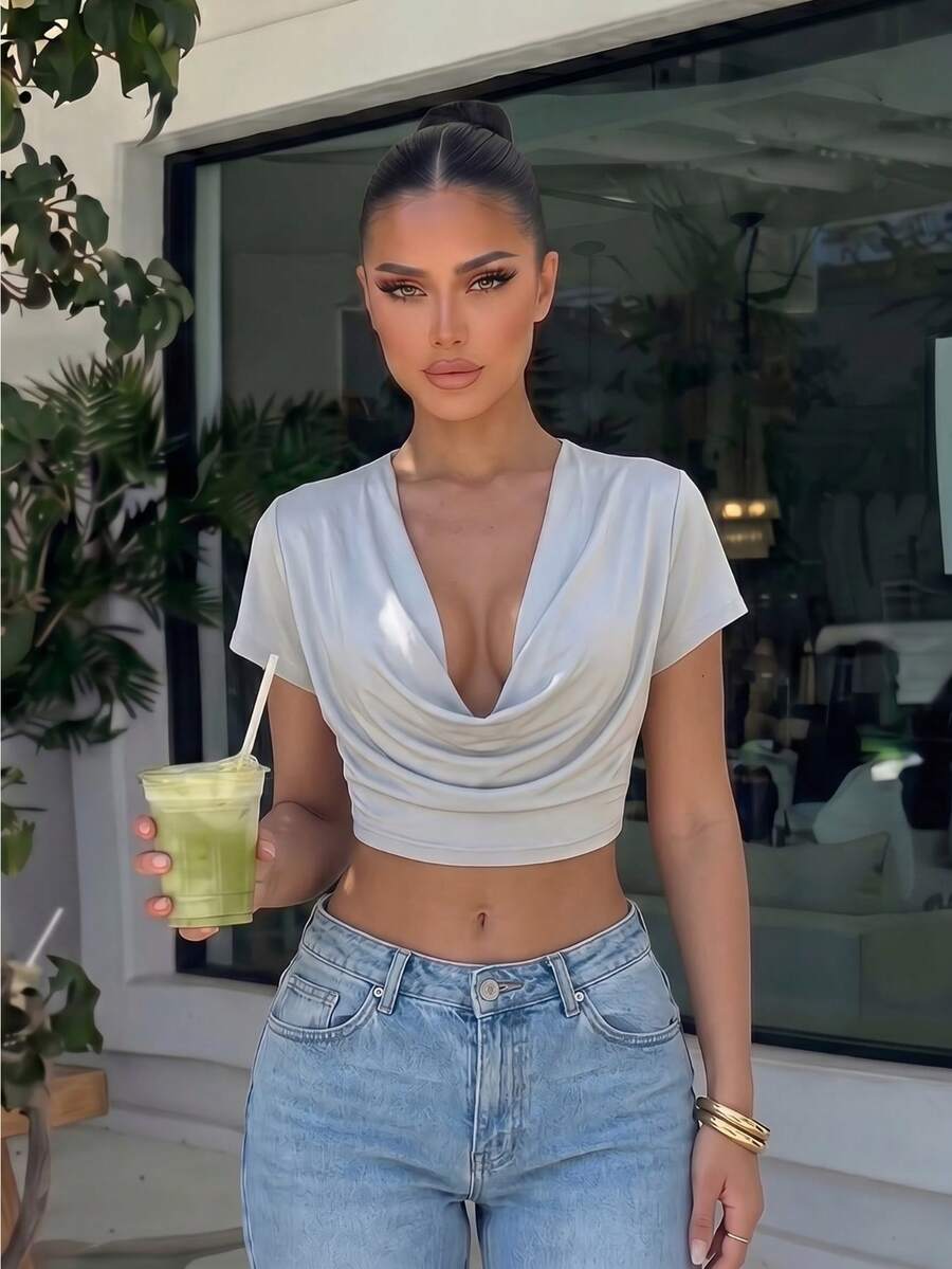 Sirith New Deep V-Neck Crop Top, Sexy Casual Revealing Design Going Out Light Grey Summer - Grey - View 1
